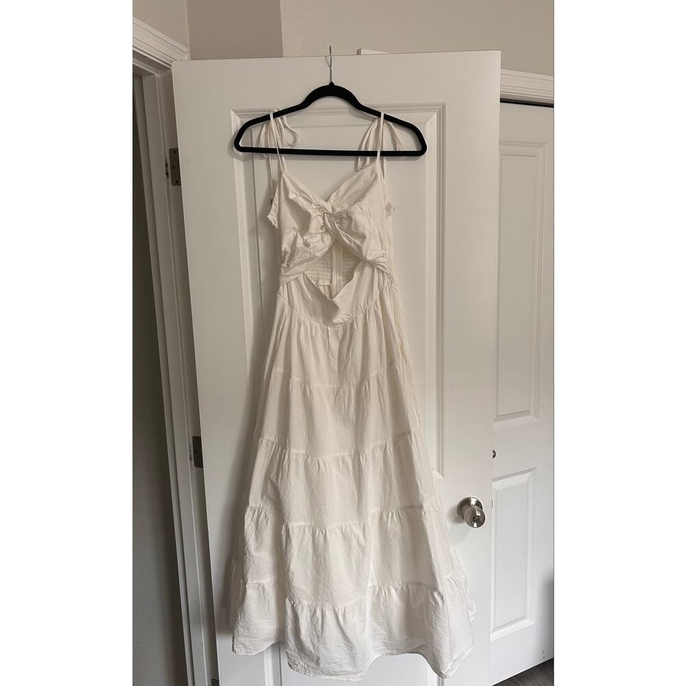 New Showpo Leticia Midi Dress Twist Front Tie Strap Tiered Dress Size Medium - Picture 6 of 12